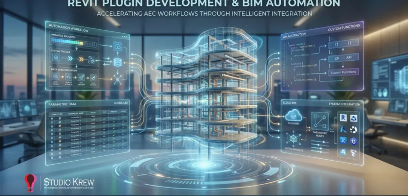 Revit plugin development and BIM automation banner showing connected AEC workflows and data-driven building model