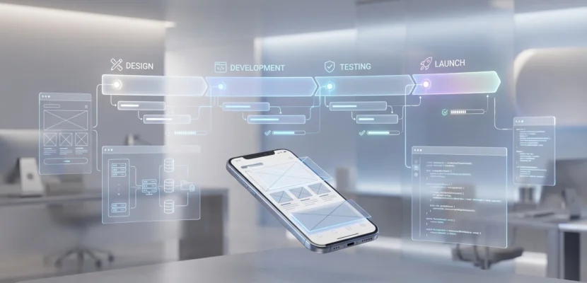 iPhone app development timeline breakdown and explanation from design to launch across different app complexity levels