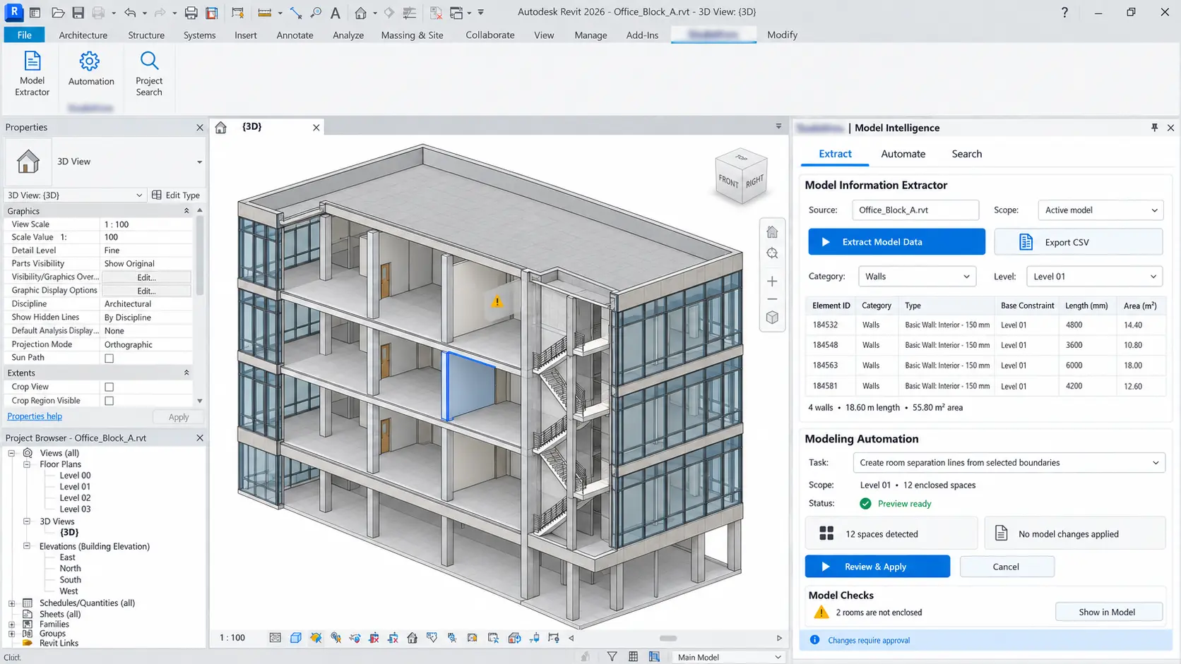 Agentic AI Revit extension panel in Autodesk Revit showing model data extraction, a modeling automation awaiting review, and model checks