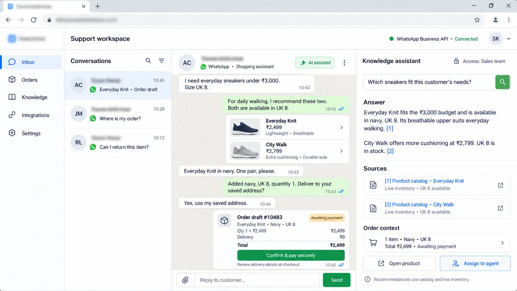 Support workspace with a WhatsApp shopping assistant conversation, an order draft, and a knowledge assistant answer with cited sources